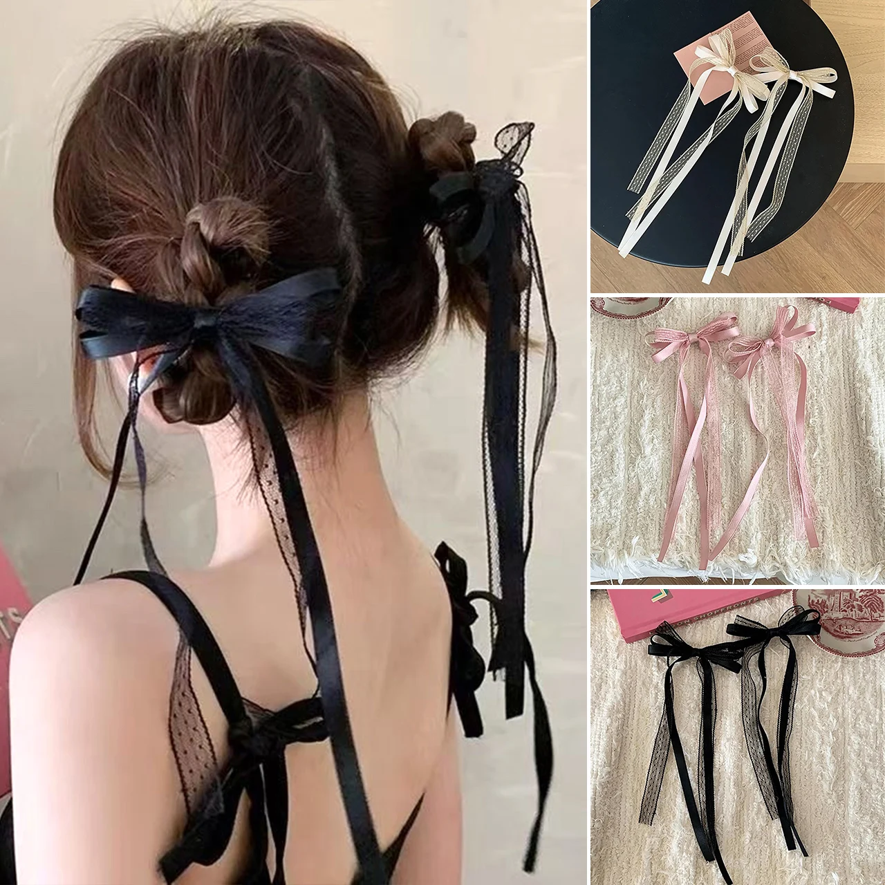 

Заколка для волос с бантом и лентами для женщин, плетеные заколки-бабочки с кисточками, розовые кружевные бантики, заколки-зажимы для девочек, милый аксессуар для волос