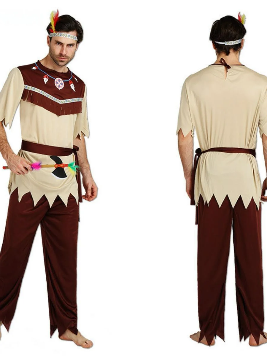 loween Indian Costume ey White Indigus Wild Man Clothing eup Dance Performance for Men And Women Ethnic Stage Costume