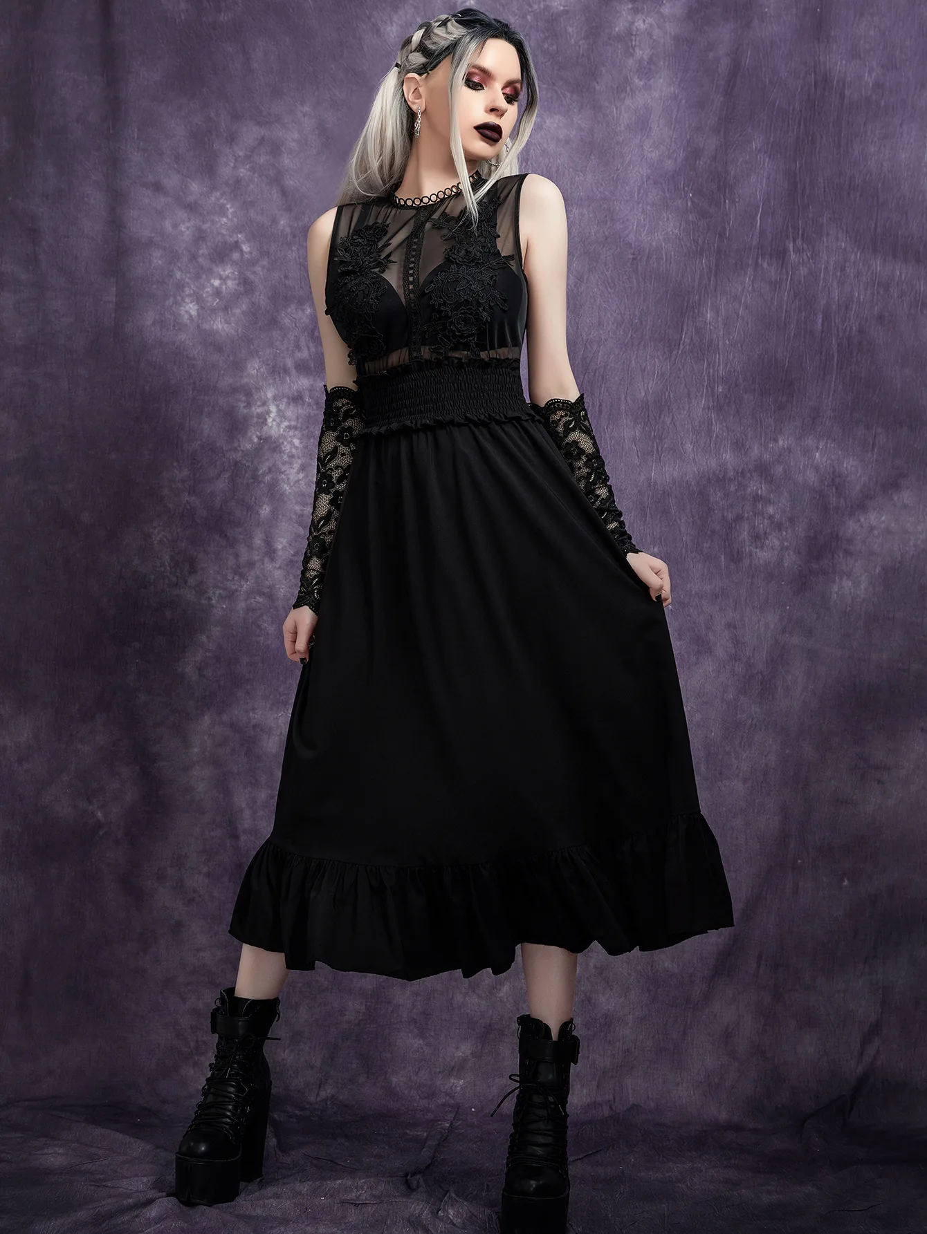 Summer New European and American Women's Clothing Dark Goth Wind Water Soluble Laminate Smocking Hem Ruffled Length Dress