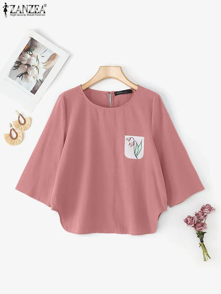 Zanzea moda feminina blusa de algodão solto impressão túnica topos 2025 outono 3/4 manga casual blusas femininas vintage senhoras camisas