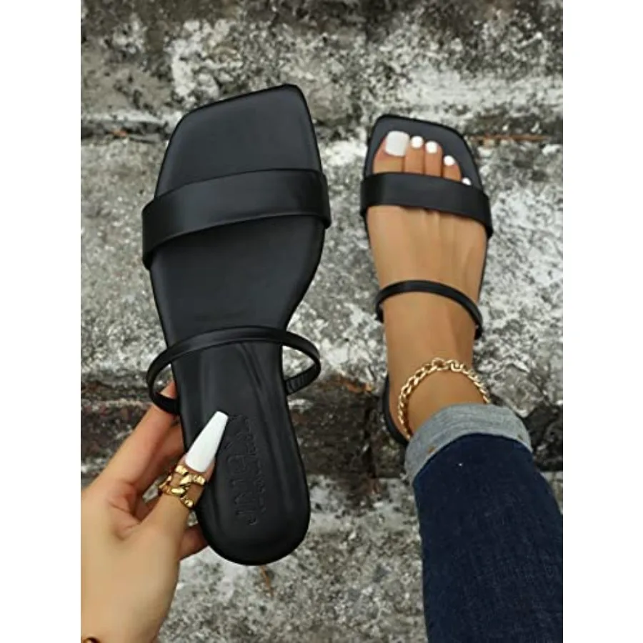 

Women's Double-Strap Square Toe Flat Sandals, Dressy Open-Toe Slides, Comfortable Black Leather-Like Slip-On Sandals for Daily & Evening