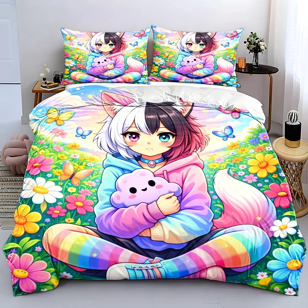 3Pc Anime-Style Animal Ear Girl Cartoon Duvet Cover Set, Three-Piece Bedding Set (1 Duvet Cover + 2 Pillowcases), Suitable for All Seasons, Machine Washable, Invisible Zipper Design, Large Double Bed Cover Set, Suitable for Home, Dormitory, Master Bedroom, Guest Room, Dreamy Flower Field Anime-Style Bedding, Rainbow Striped Girly Bedding, Cute Cloud Doll Element Duvet Cover, Cross-Border Best-Selling Cartoon Bedding Three-Piece Set