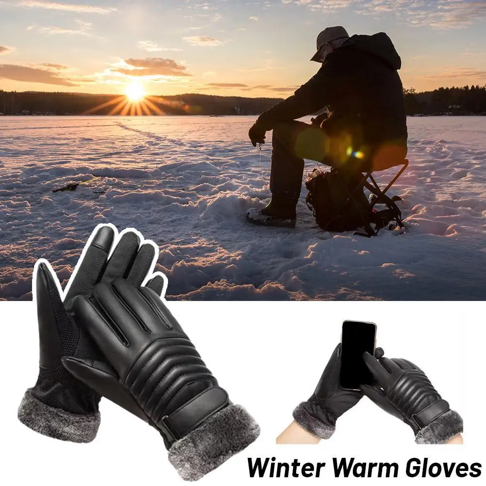 Winter Warm Black PU Gloves MEN'S Fur Mouth Plush Insulation Mittens Male Outdoor Cycling Motorcycle Touch Screen Cotton Gloves