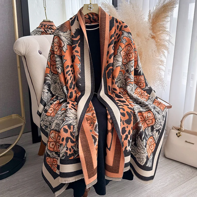 Scarf Women Leopard Floral Jacquard Shawl Wrap Imitation Cashmere Double Sided Tassel Winter Autumn Warm Oversize Neckwear