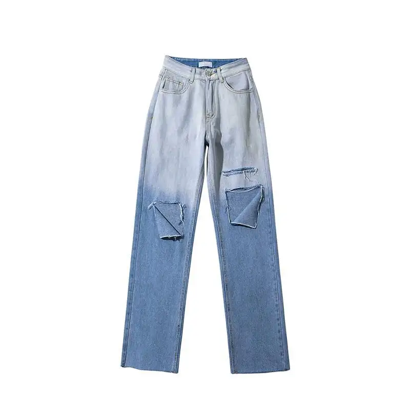 European and American Style Gradient Jeans Women's High Waist Straight Leg Wide Leg Pants Summer Loose Retro Perforated Pants