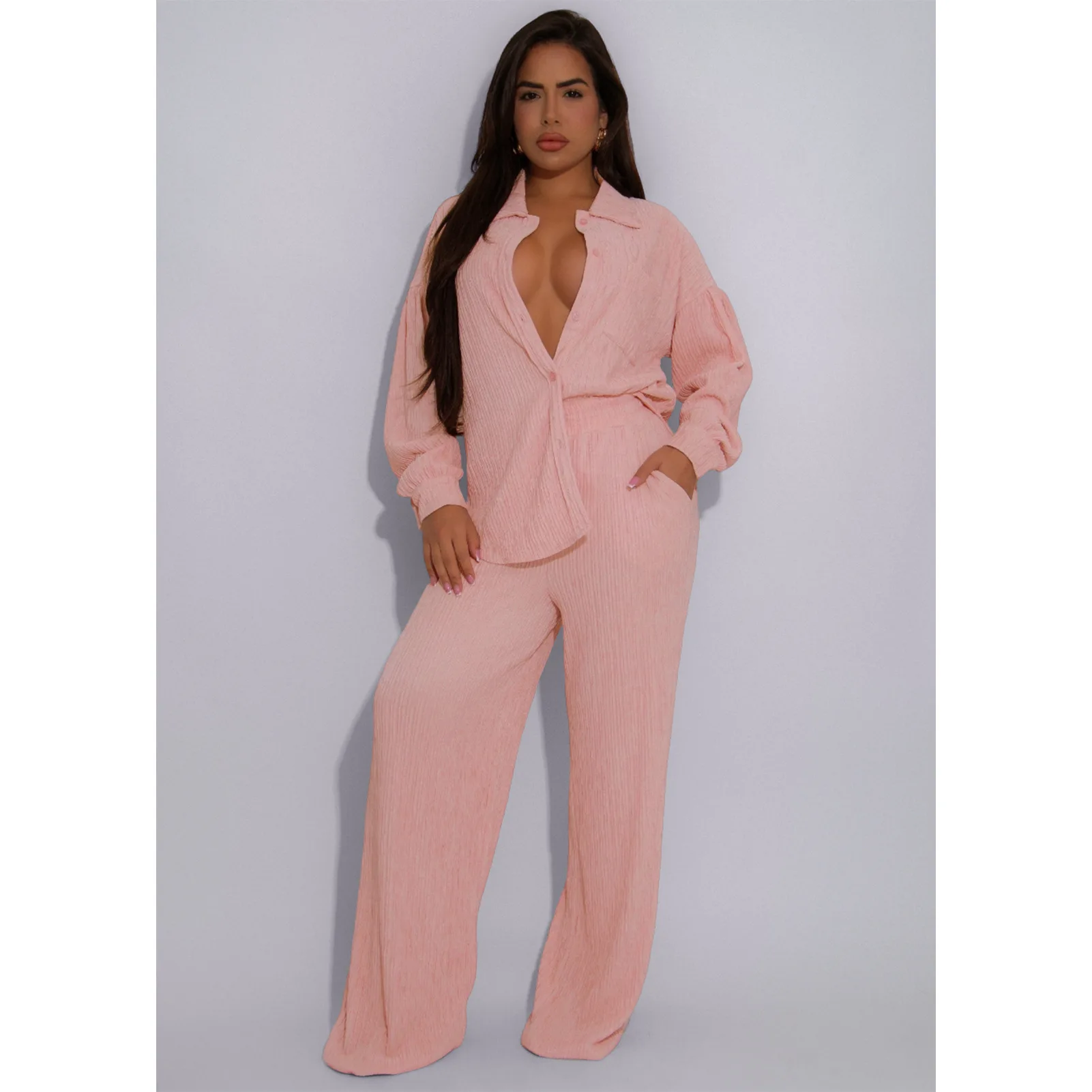 Women's Two-piece Solid Color Lapel Long Sleeved Elastic Wrinkling Strap Multi Pocket Swing Leg Pants Wide Leg Pants Set