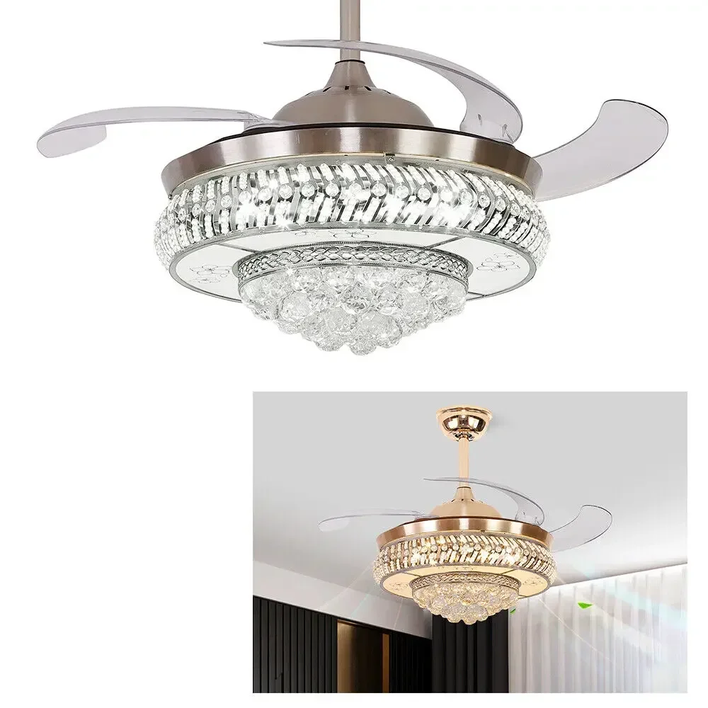 36/42 inch Modern Retractable Crystal Ceiling Fan Light and Remote Control LED Ceiling Light Chandelier Ceiling Fan Lamp 3-Color