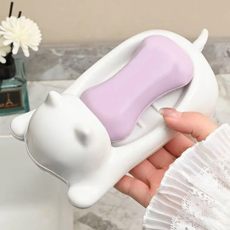 かわいい猫の排水石鹸ホルダー、滑らかなプラスチック製のトイレ石鹸皿、ケーストレイ、家庭用バスルームアクセサリー、洗面所ツール、1個、2個