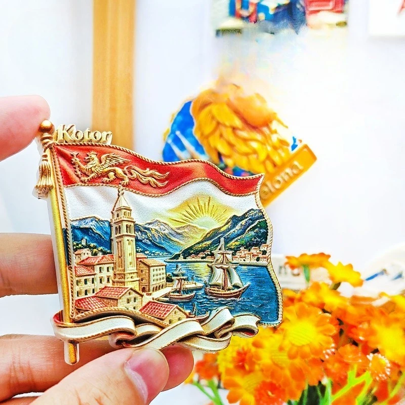 Kotor Flag Tower Sailboat Fridge Magnet - Picturesque 3D Adriatic Souvenir Unique Balkan Travel Gift for Coastal Historic Decor