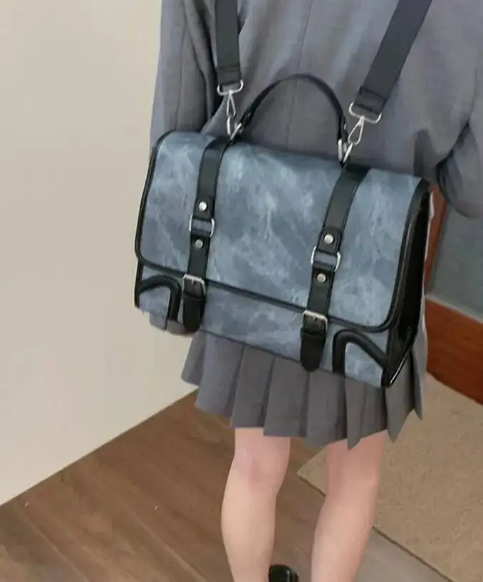 

Bloom Preppy Style Jk Backpack Women Autumn New Leather Handle Backpacks Briefcase Ladies Haruku Aesthetic Blue Schoolbag
