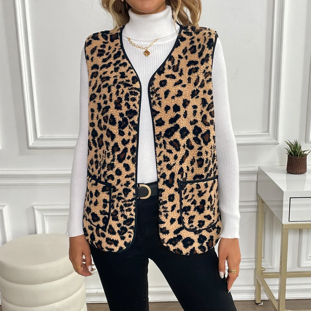 

Sleeveless Outerwear Women's Vest Autumn Winter New Style Versatile Leopard Print Open Cardigan Coat