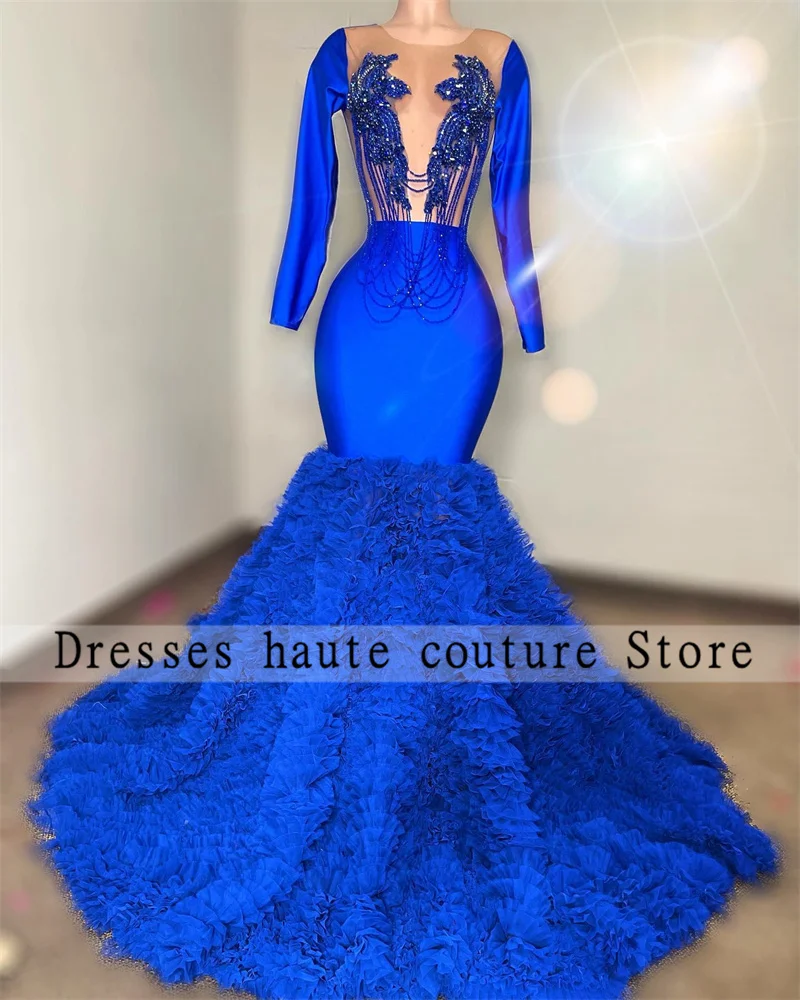 

Royal Blue Beaded Apppliques Long Sleeve Mermaid Prom Dress 2025 Black Girls Tassels Ruffles Gowns Evening Dress Customized