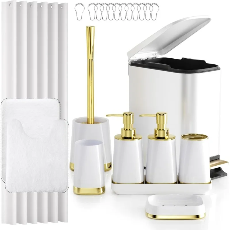 

Роскошный белый набор аксессуаров для ванной комнаты из 23 предметов с ковриками для занавески для душа, мусорное ведро из нержавеющей стали, щетка для унитаза, мыльница