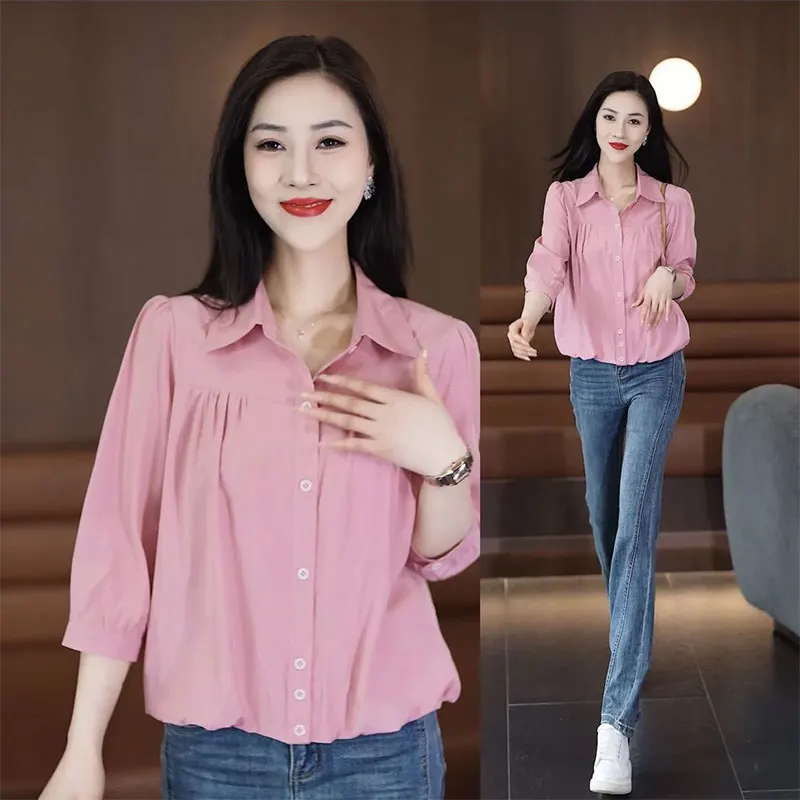 Women Spring Fashion Simplicity Solid Color Polo Collar 3/4 Sleeve Shirts Women Clothes Casual Loose All-match Temperament Tops