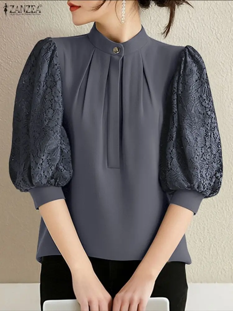 Koszula ZANZEA na lato 2025 z koronkowymi wstawkami, elegancka bluzka damska do biura ze stójką, rękaw 3/4, luźna tunika, koszula do pracy, chemise mujer
