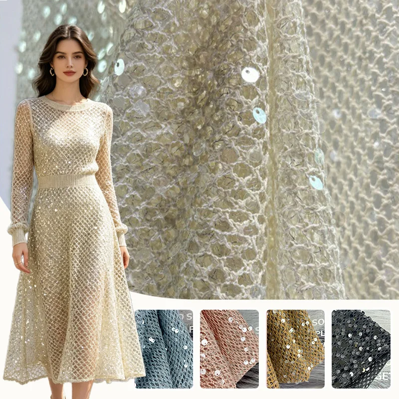 125cm Wide 5mm Sequin Embroidered Cutout Fishnet Fabric Transparent Piece Beads Women's Dress Wedding Dress Double Mesh Fabric