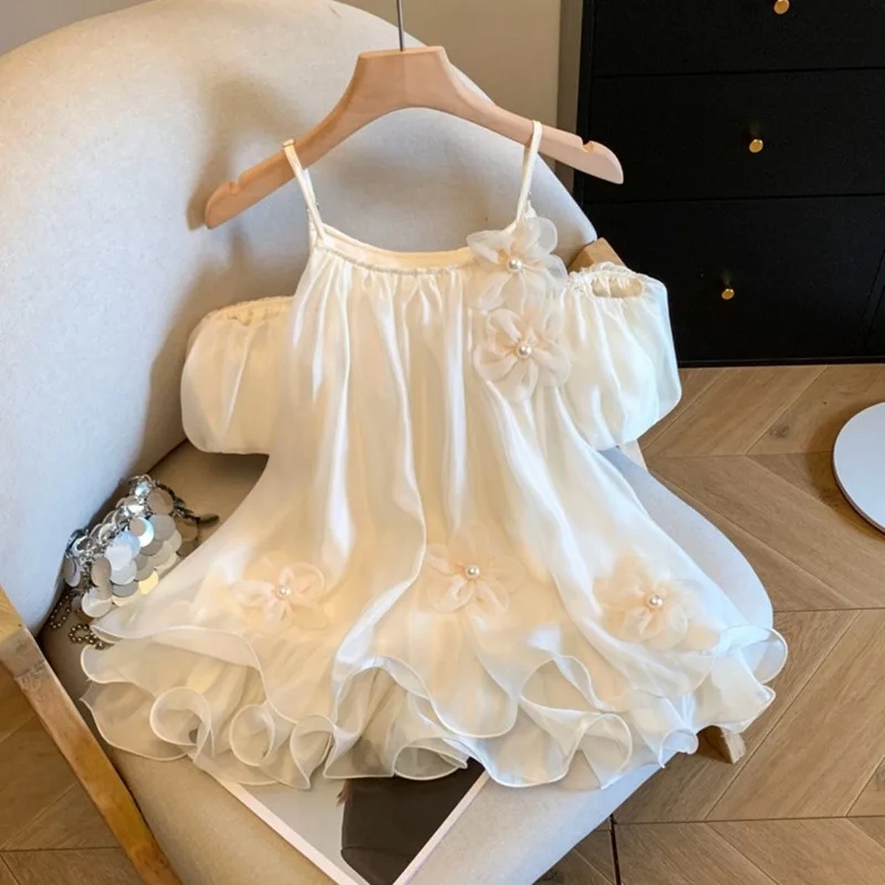 2026 Summer Women Luxury Fake Two-Piece Camisole Off Shoulder Ruffle Sleeve Chiffon Top Korean Style 3D Floral Fashion Top