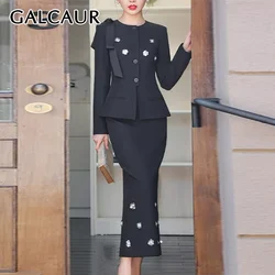 GALCAUR Formal 2 Piece Set For Women O Neck Long Sleeve Blazer High Waist Midi Skirt Flower Descoration Solid Chic Suits Female