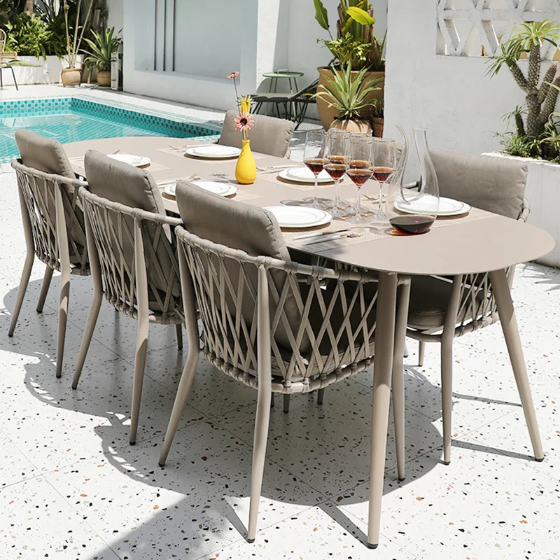 #Out Door Furniture Wood-plastic Outside Table and Chairs Dining Table Set 6 Seater Luxury Rattan Chair for Restaurant
