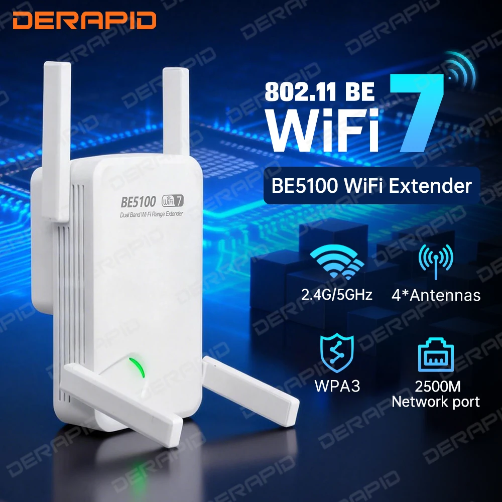 

WiFi 7 5100Mbps Wi-Fi Range Extender 2.4G/5G Repeater with 4 * Antennas EU US Plug WiFi Signal Booster WPS Reset for Router