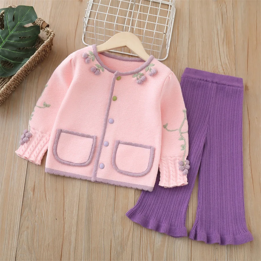 Children\'s Clothing Sets Cherry Knit Cardigan and Wide-leg Pants 2pcs Knit Sweater Kids Clothes Girls Winter Pullovers for Kids