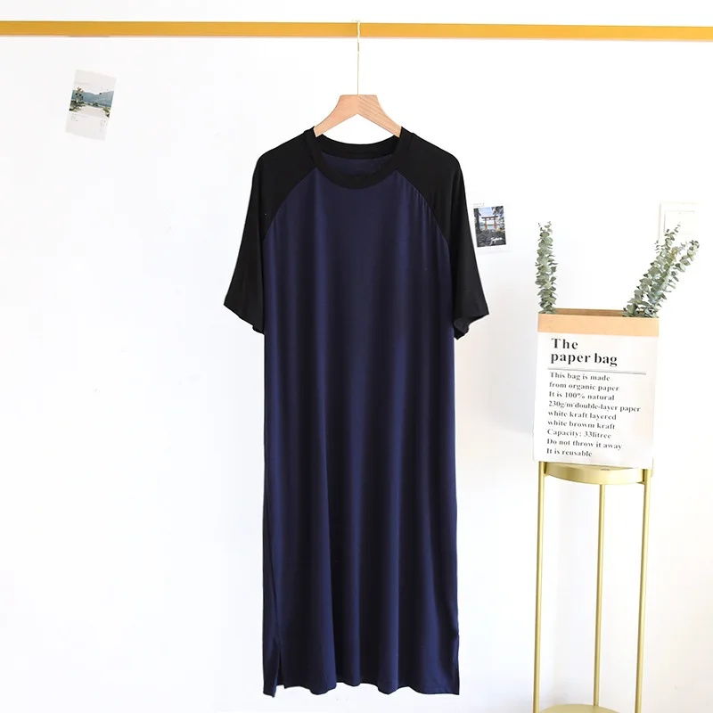 Splicing Round Neck Nightgown Sleepdress Men Short Sleeve Homewear Casual Night Dress Solid Color Home Clothes Silk Homedress