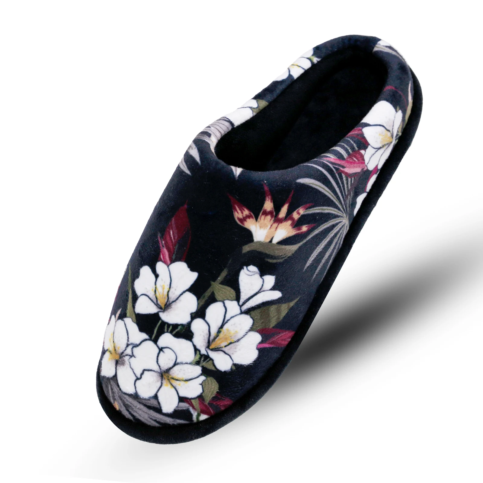 Flora Printed Slippers for Women Indoor,Black Memory Foam Womens slippers,Comfy Fuzzy House Shoes,Rubber Non-Slip Sole, Gift