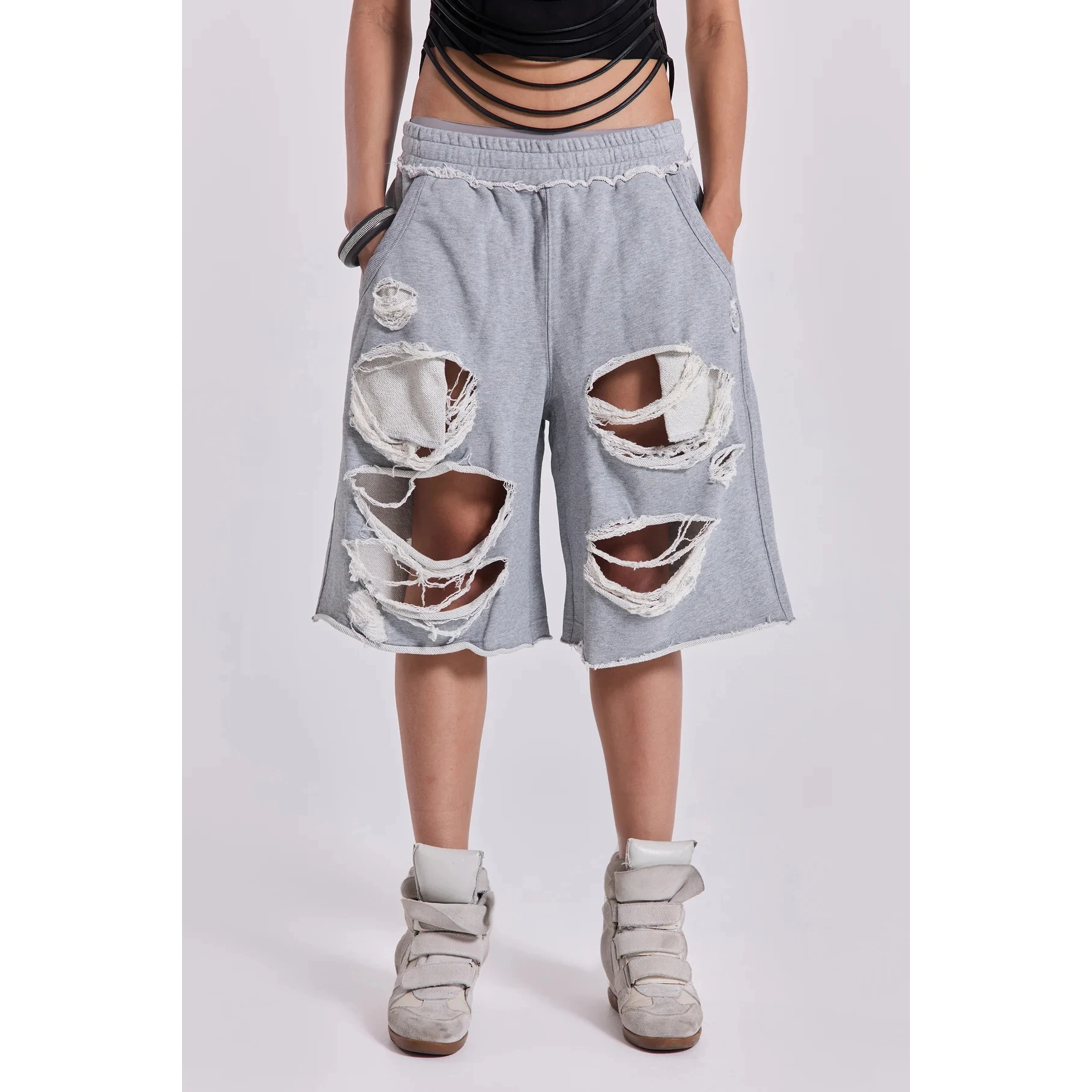 Cross-Border TK Bestseller Jaded orts Streetwear Hip Hop Hole Design Loose Hot Girls Five-Part Pants Casual Loose Fit