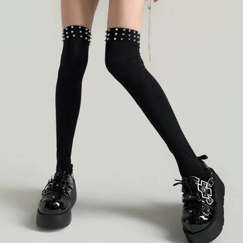 1 Pair Black/White Punk Stockings With Spike Rivets High Stretchy Over Knee Long Tube Socks Cosplay Party Street Style Medias