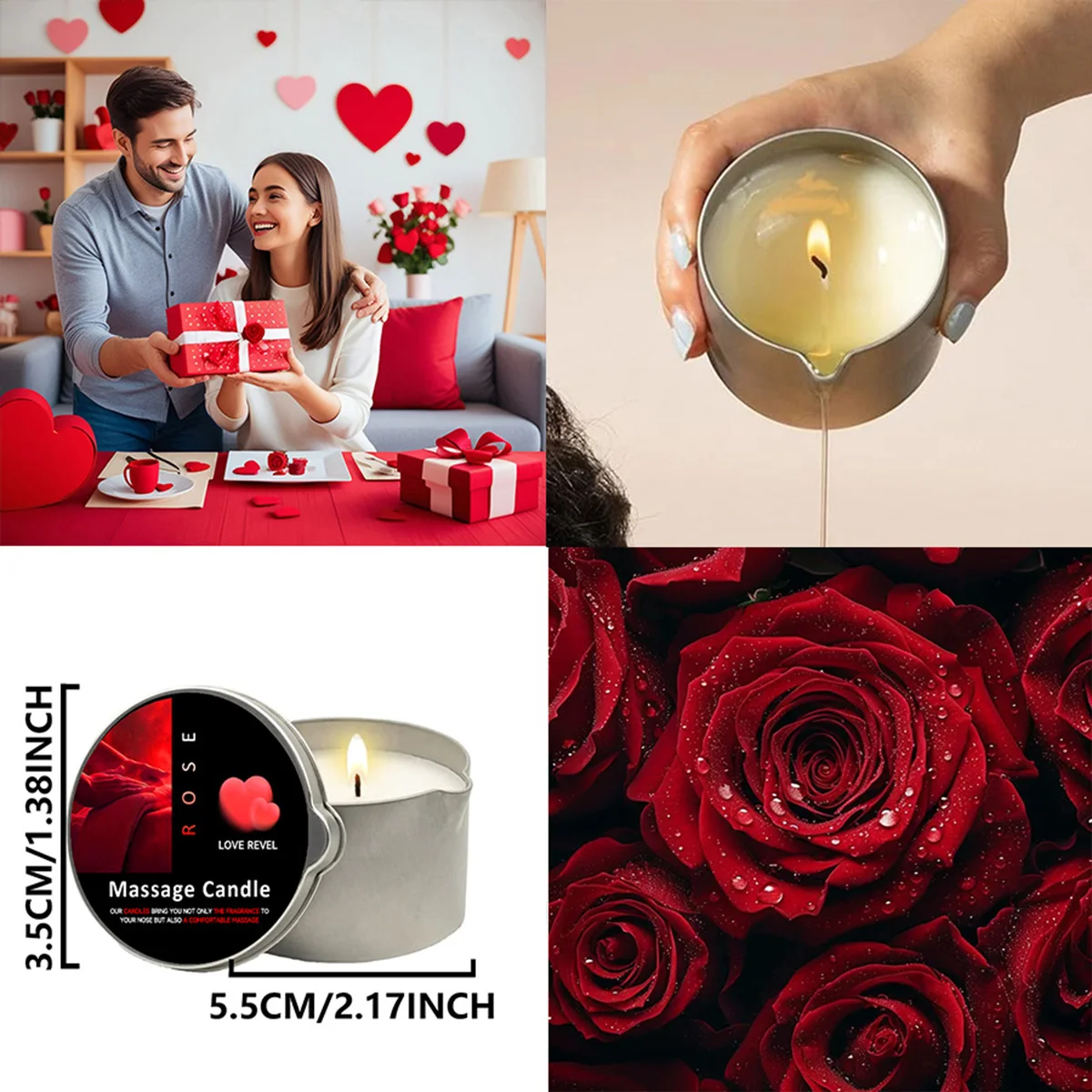 شمع زيت التدليك بالورد 2 أونصة شموع عطرية مع شمع الصويا مرطب - هدية حامل شموع لتزيين المنزل في عيد الميلاد