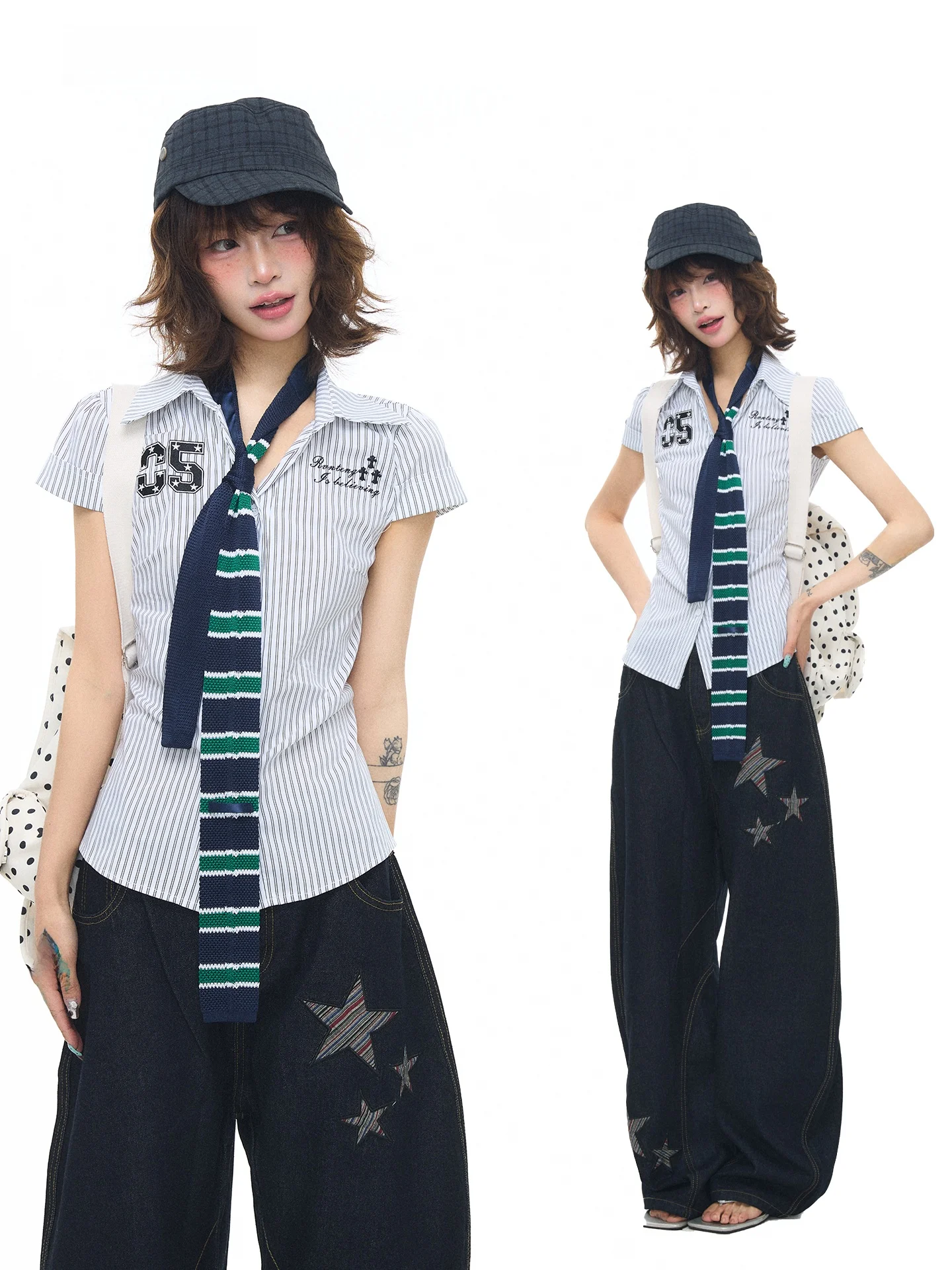 

Женская полосатая рубашка Astrsk Y2k в корейском стиле с коротким рукавом, простым воротником, универсальная, стройнящая, элегантная.