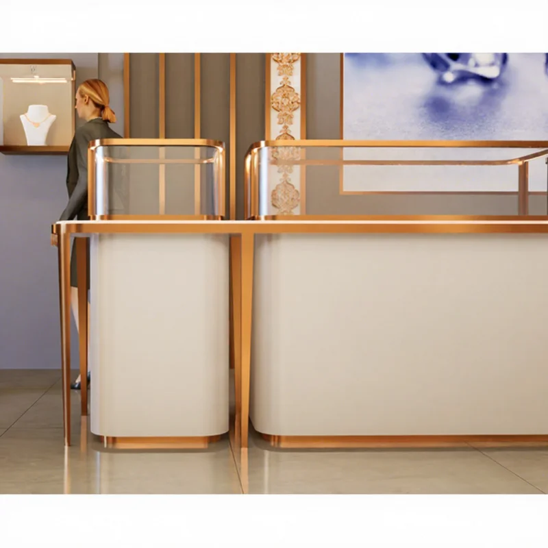 

Customize.Luxury Glass Display Cabinet Jewelry Showcase Retail Store Furniture Design with Gold Jewellery Table Store Decora