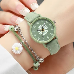 2PCs/Set Fashion Women's Watch Round Flower Dial Leather Strap Quartz Watch with Green Flower Bracelet