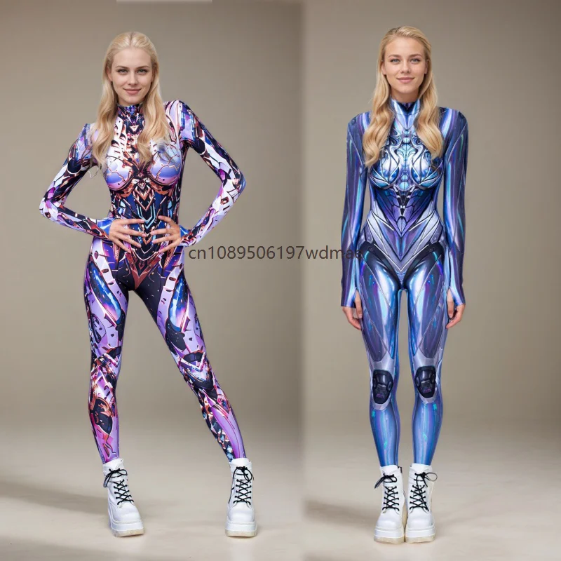 

Women Superhero Mechanical Bodysuit Cyberpunk Metal Carnival Party Cosplay Costume Robot Print Cool Performance Jumpsuit