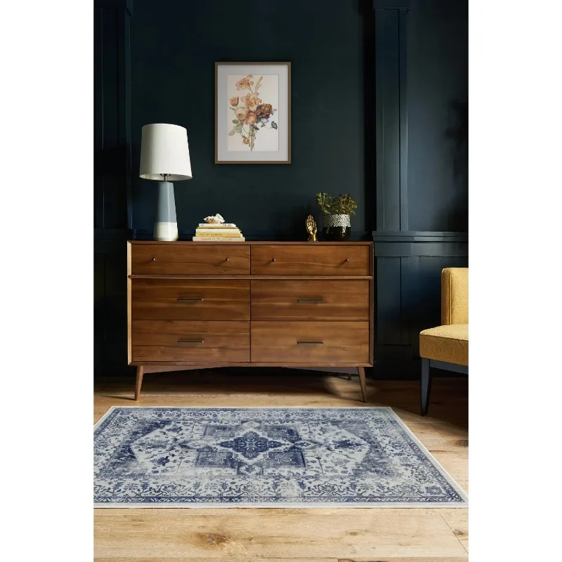 Blue Oriental Style Washable Vintage Rug Living Room Non-Slip Traditional Stain Resistant Indoor Carpet Bathroom Entry Door Mat