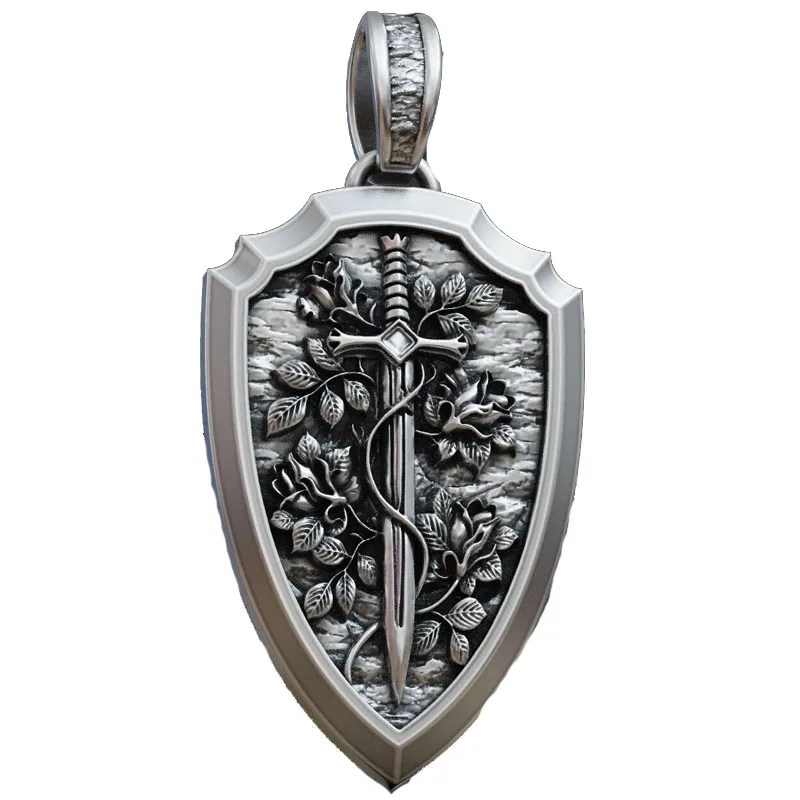 9g Meticulously crafted Shield Sword Flowers Pendant Customized 925 SOLID STERLING Silver High Trendy