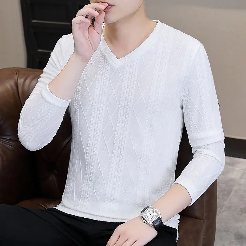 Preppy Style Stylish Men's Clothing V-Neck Spring Autumn Solid Color Pullover Long Sleeve Screw Thread T-shirt Casual Loose Tops