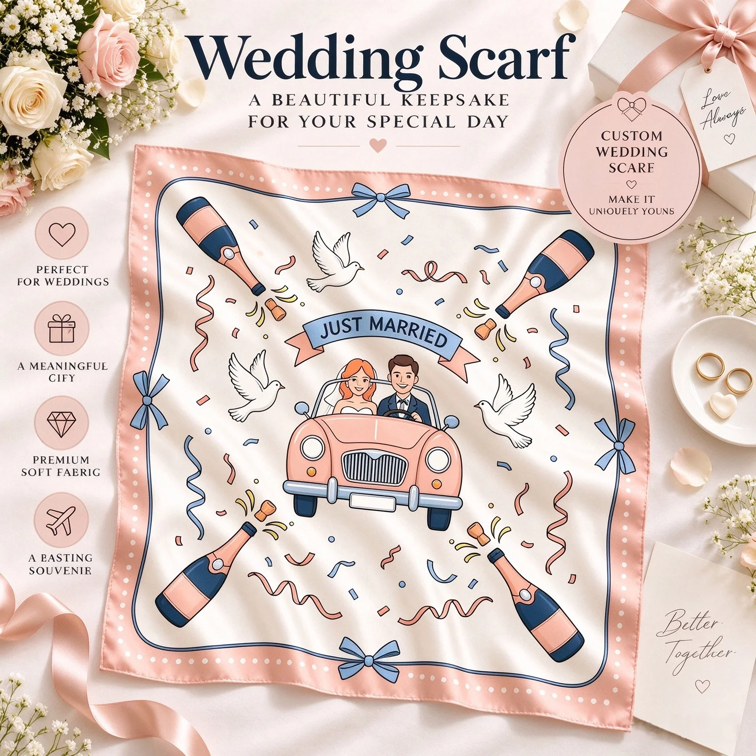 Custom Wedding Scarf Personalized Bridal Bridesmaid Gift Luxury Wedding Favor Party Keepsake Wholesale Dropshipping One Piece