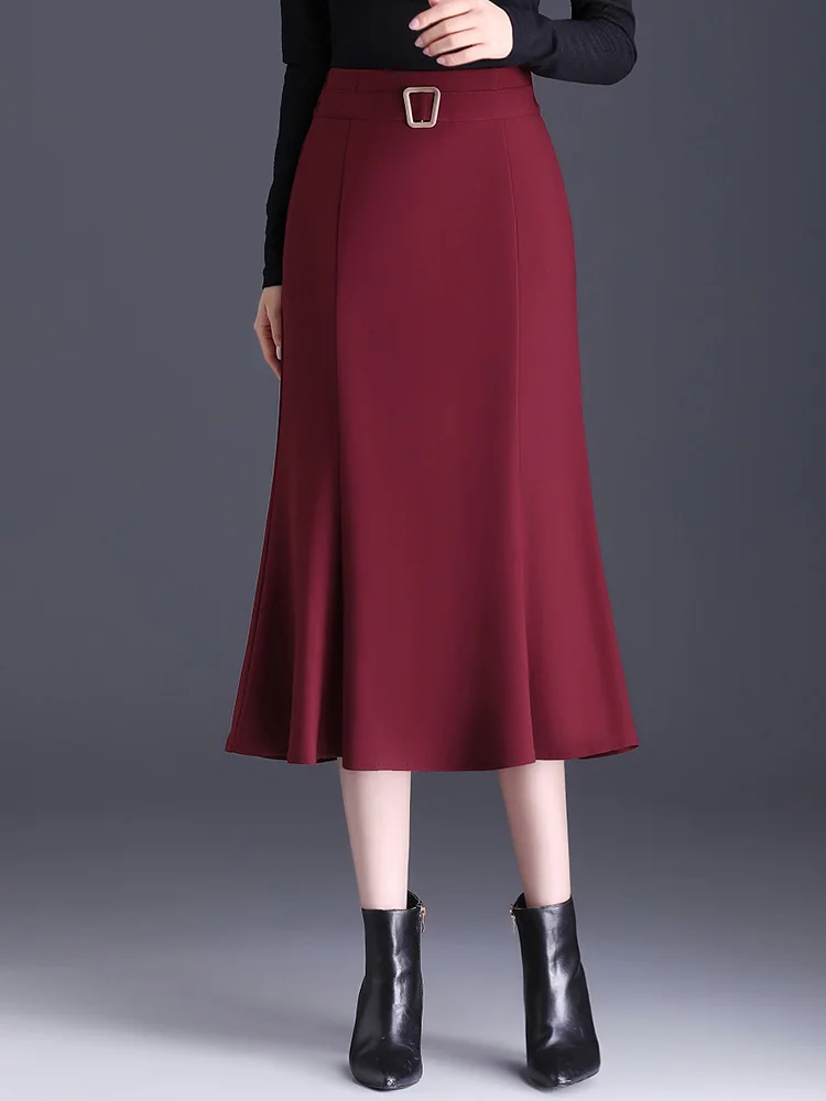 SUCH AS SU Autumn Winter Women'S Black Red Skirts High Waist Ladies Mermaid S-3XL Size Mid-Long Sexy Ruffles Skirt Female 8813