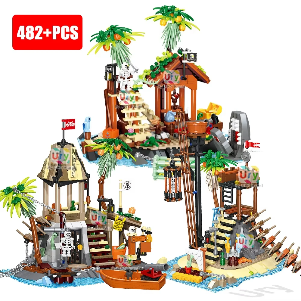 Bouwstenen op piratenbasis, woestijd eilandschatscènemodel met rijke accessoires, creatieve verjaardagscadeaus voor kinderen