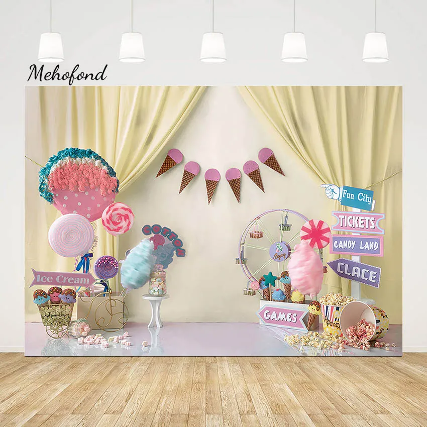 Mehofond Candy land Photography Backdrop Newborn Birthday Portrait Ice Cream Background Lollipop Tickets Decoration Photo Studio