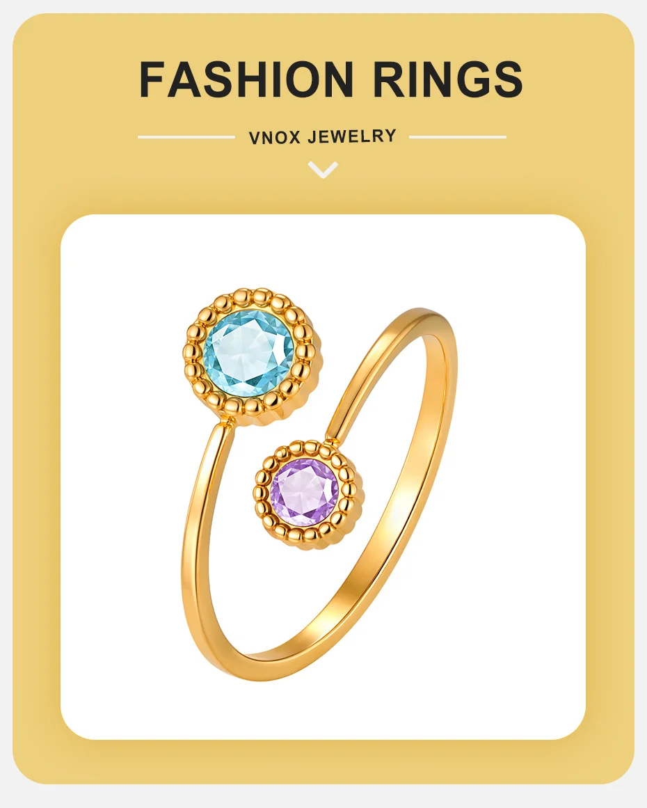 Vnox Neues Design Blau-Rosa Zirkon Doppelblumen-Ringe für Frauen und Mädchen 18K Vergoldet Trendiger Hochzeits- und Party-Schmuck – Detail 1