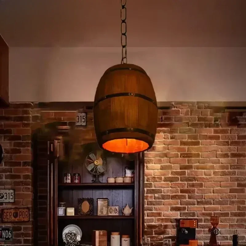 Rustic Lamp Vintage Chandelier Wooden Pendant Light Wine Barrel Hanging Lamp Home Decor for Living Room Bar Cafe Lighting E26