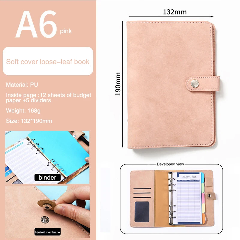 A6 Binder Budget PU Leather Planner Pockets Expense Sheets Notebook Cash Envelope Organizer System Clear Zipper Accessories