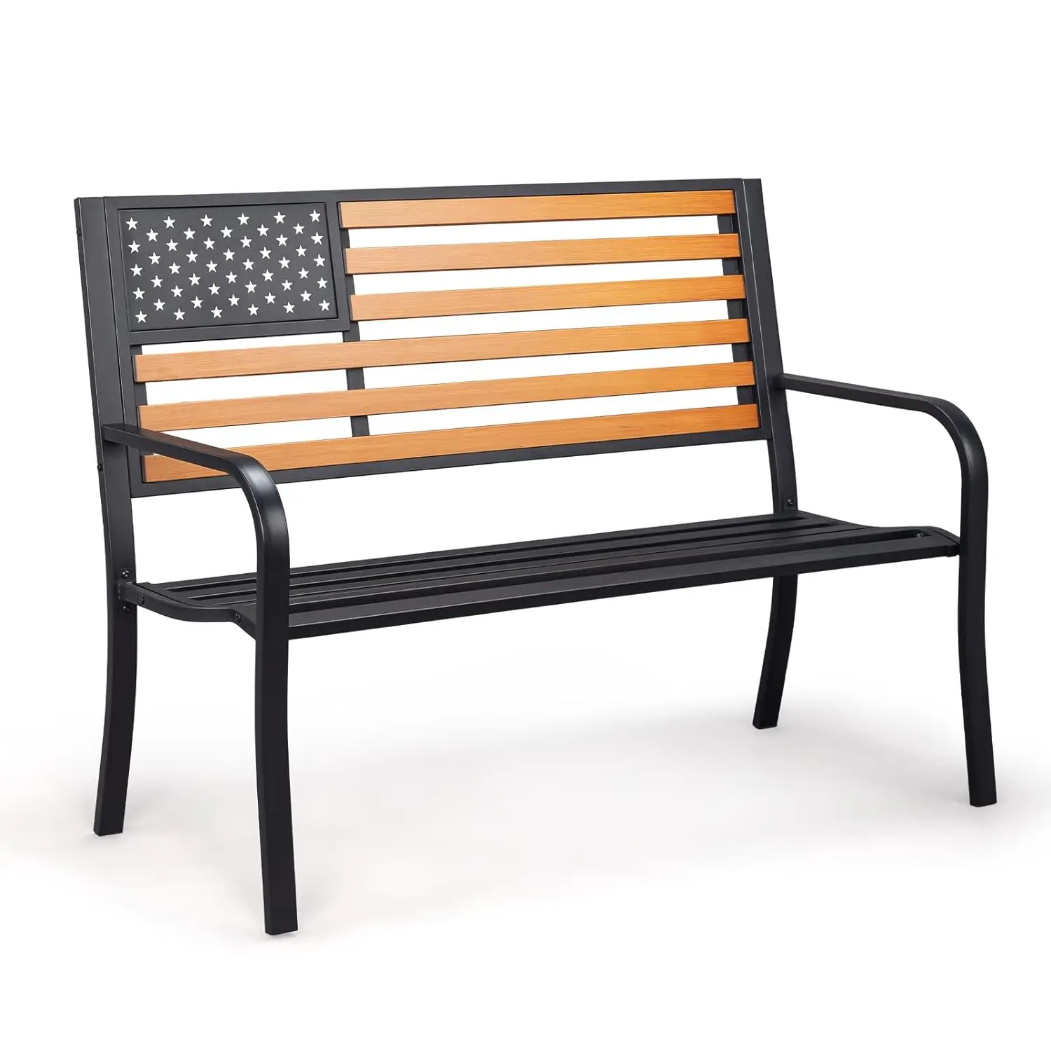 

Outdoor Metal Bench, 50in Weatherproof Garden Bench w/American Flag Style, 2-Person Sturdy Steel Patio Bench for, Customized
