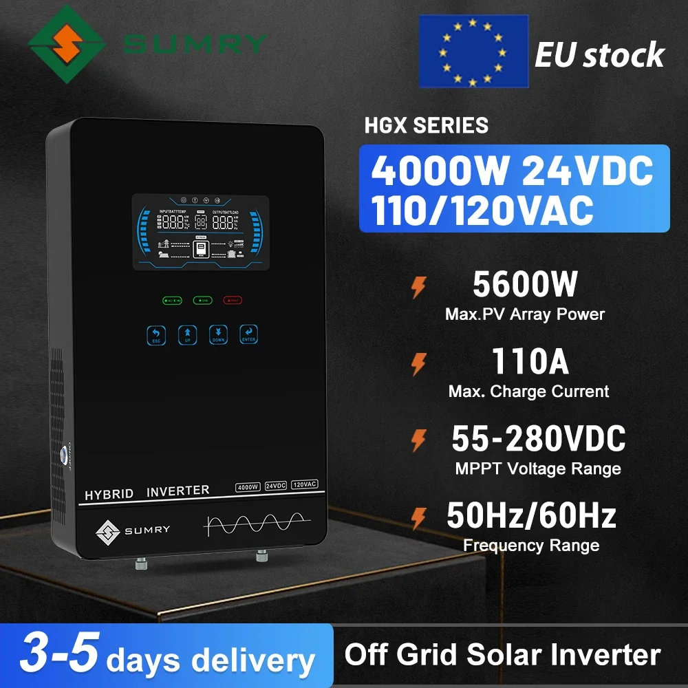 Invertisseur solaire hybride SUMRY 4500w 220v avec chargeur solaire MPPT intégré 150A, inverter solaire hors réseau 24V avec écran LCD de 6,25 pouces