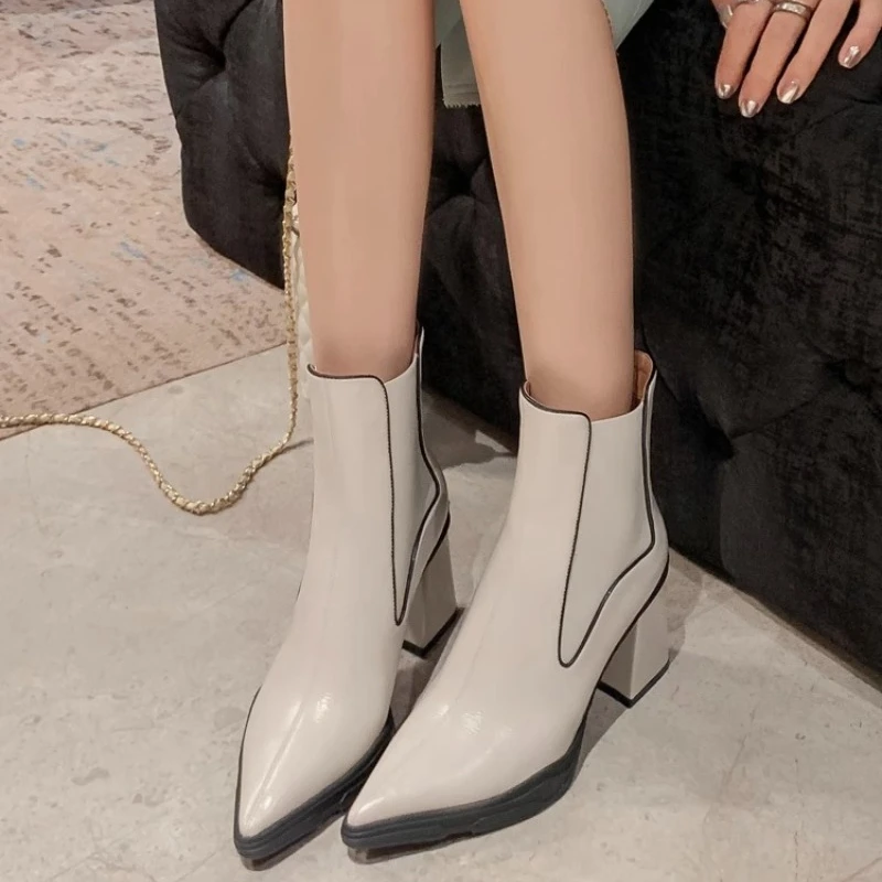 Ladies Shoes 2023 High Quality Slip-on Women's Boots Fashion Color Matching Office and Career Sexy Pointed Toe Ankle Boots