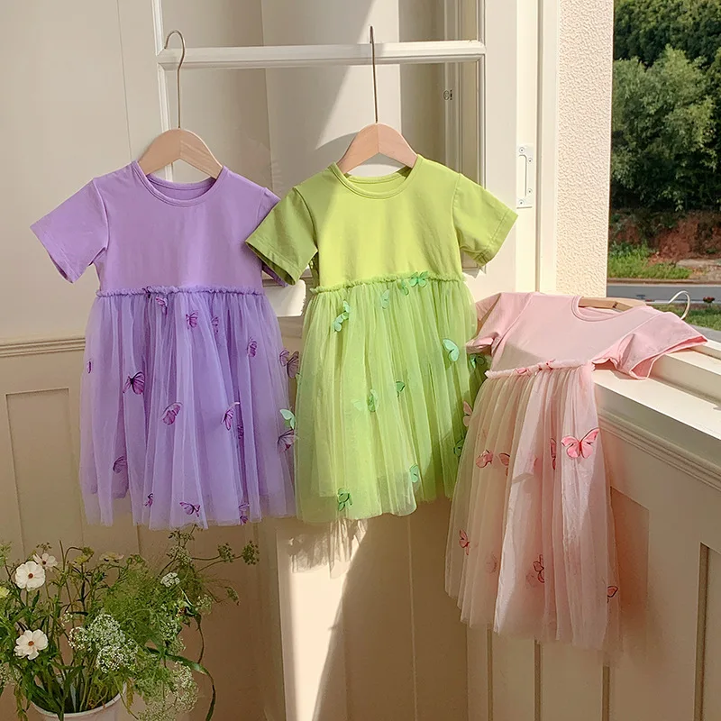 

3D Butterfly Embroidery Girls' Mesh Dress Round Neck Short Sleeve Children's Princess Dress Puffy Dress