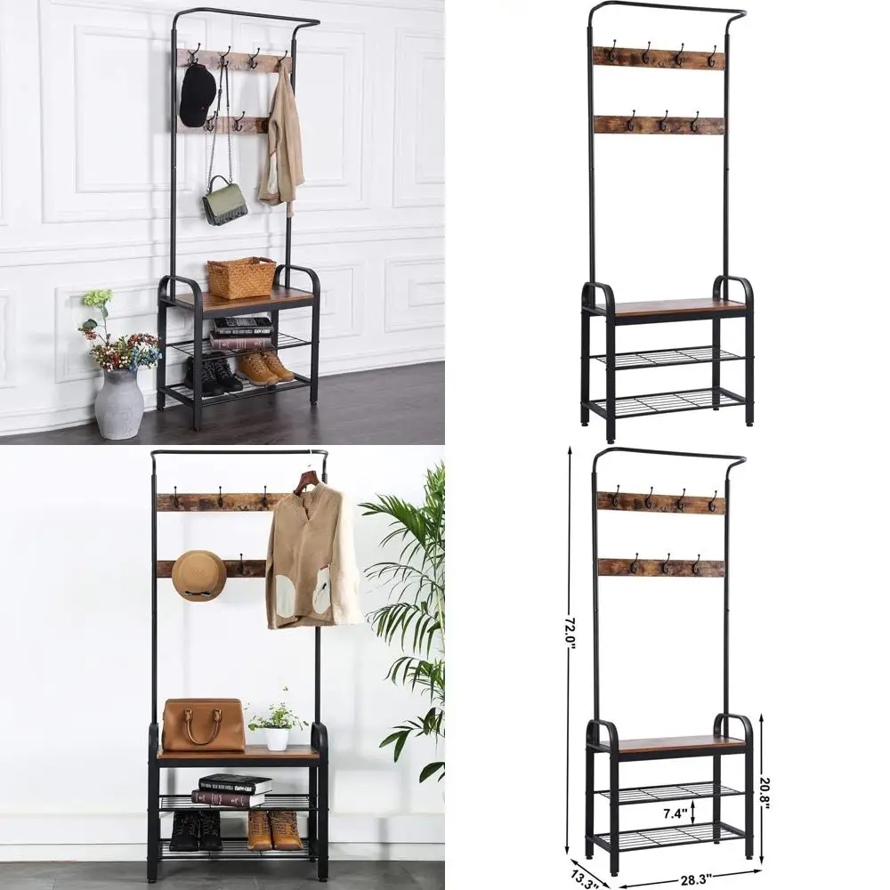 

Винтажная вешалка-стойка 3-в-1 с сиденьем для обуви и полками для хранения, деревянная и металлическая мебель с акцентными элементами, простая сборка