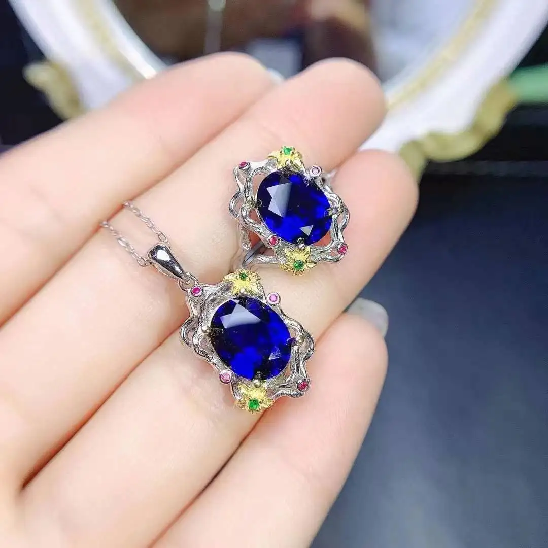 100% Natural Real Sapphire Set 925 Sterling Silver Women Jewelry set 1pc ring,1pc pendant